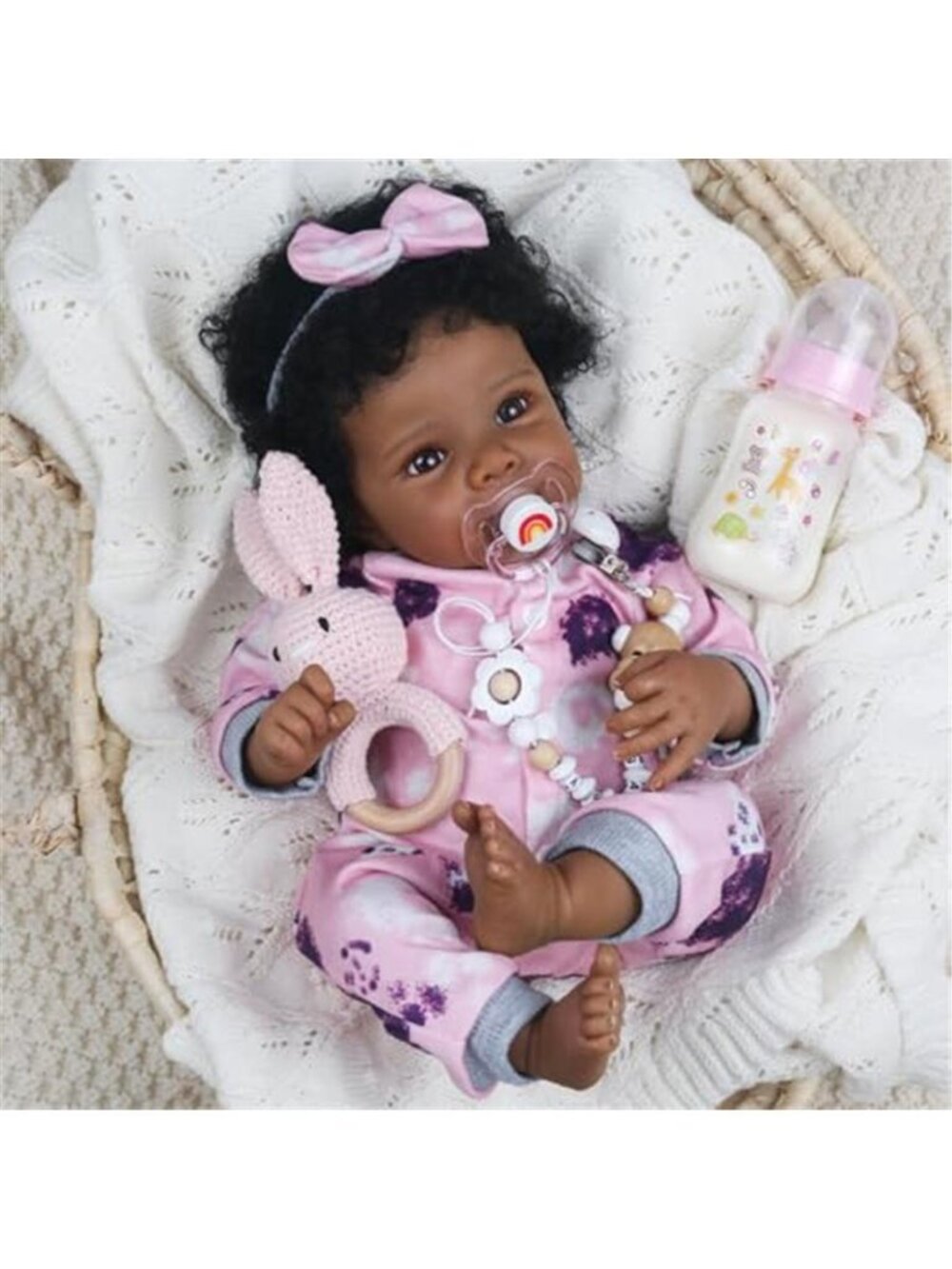 18 Inch Reborn Baby Doll Black Girl Realistic African American Pink Jumpsuit